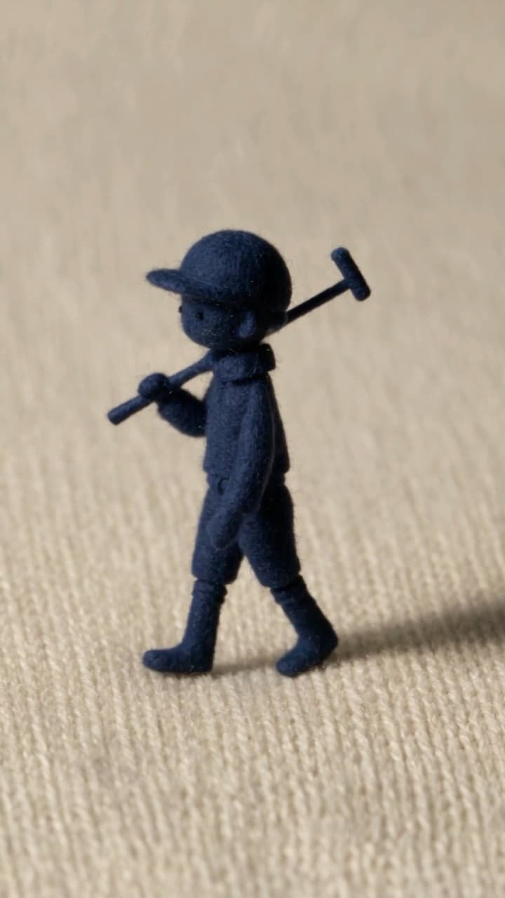 Needle-felted navy polo rider walking across a cream knit sweater, mallet on his shoulder