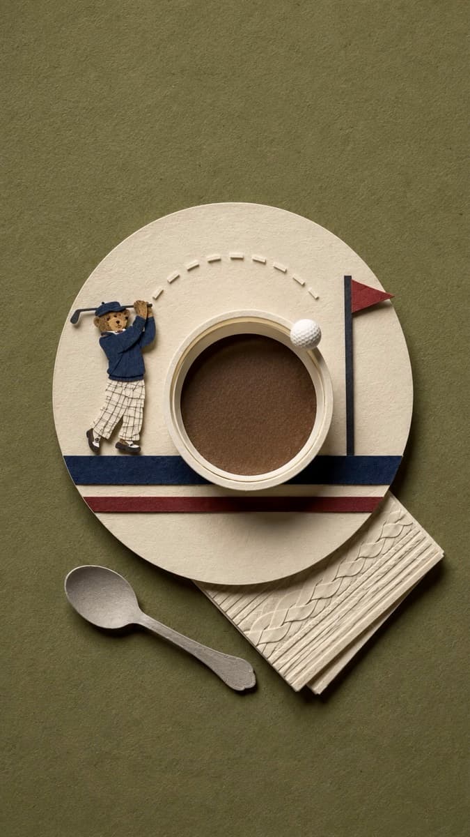 Paper-cut flat-lay — a golfing figure swings toward an espresso cup standing in for the hole