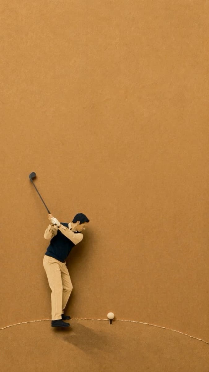 Paper-cut golfer mid-follow-through against a flat kraft background