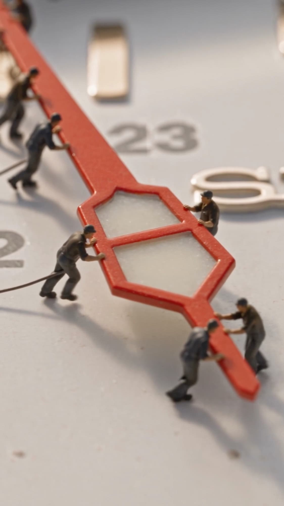 Crew braced inside the open diamond lozenge of the red-orange GMT hand, dragging it around the dial