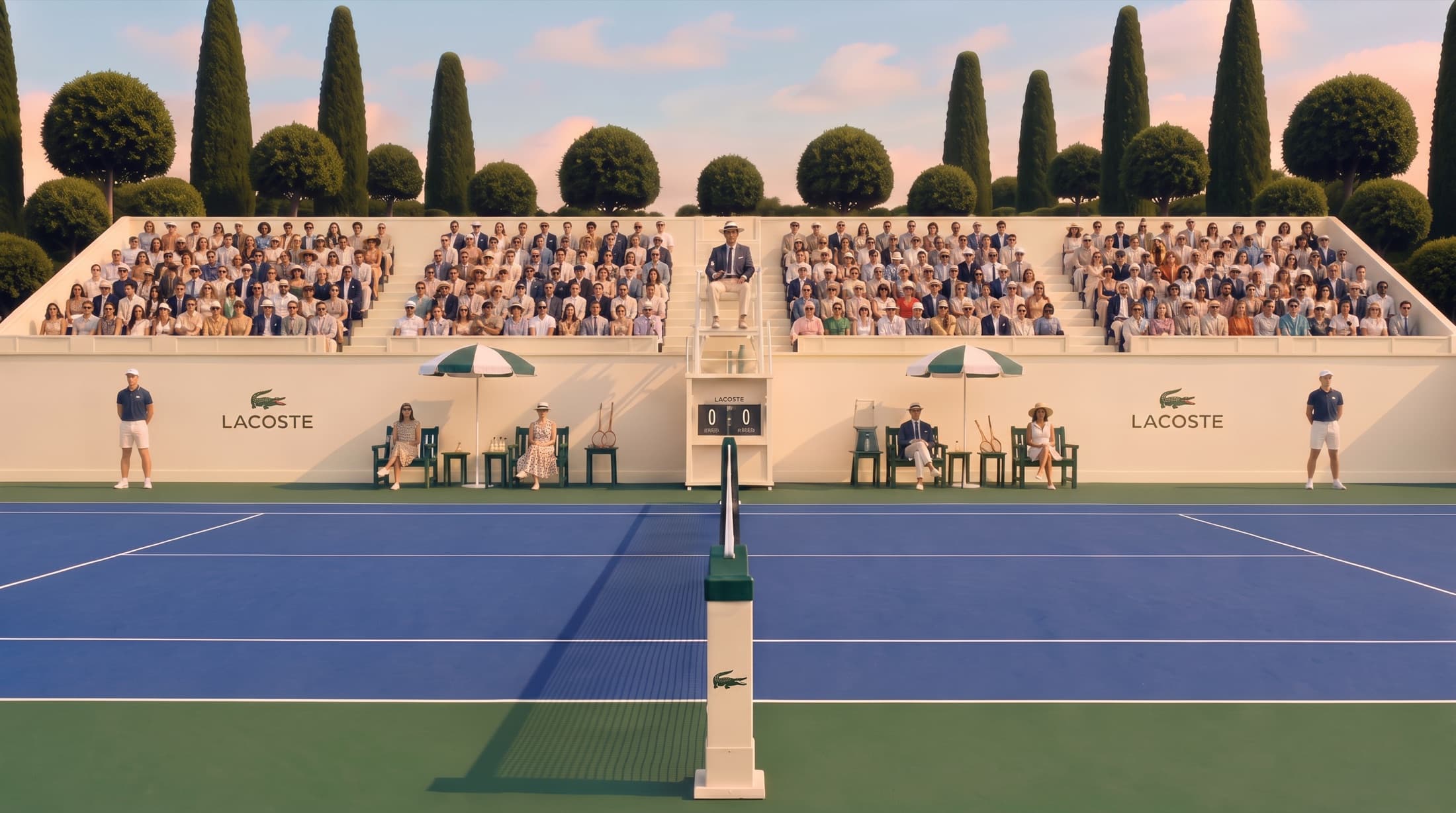 Symmetrical wide of the show court at golden hour, full stands behind the baseline