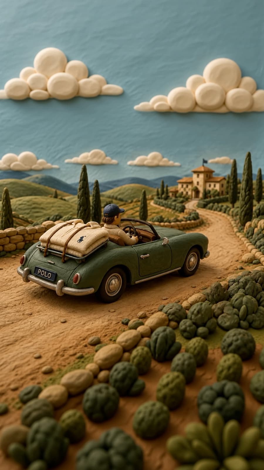 Polymer clay diorama of a countryside road winding toward a hilltop villa, roadster mid-journey