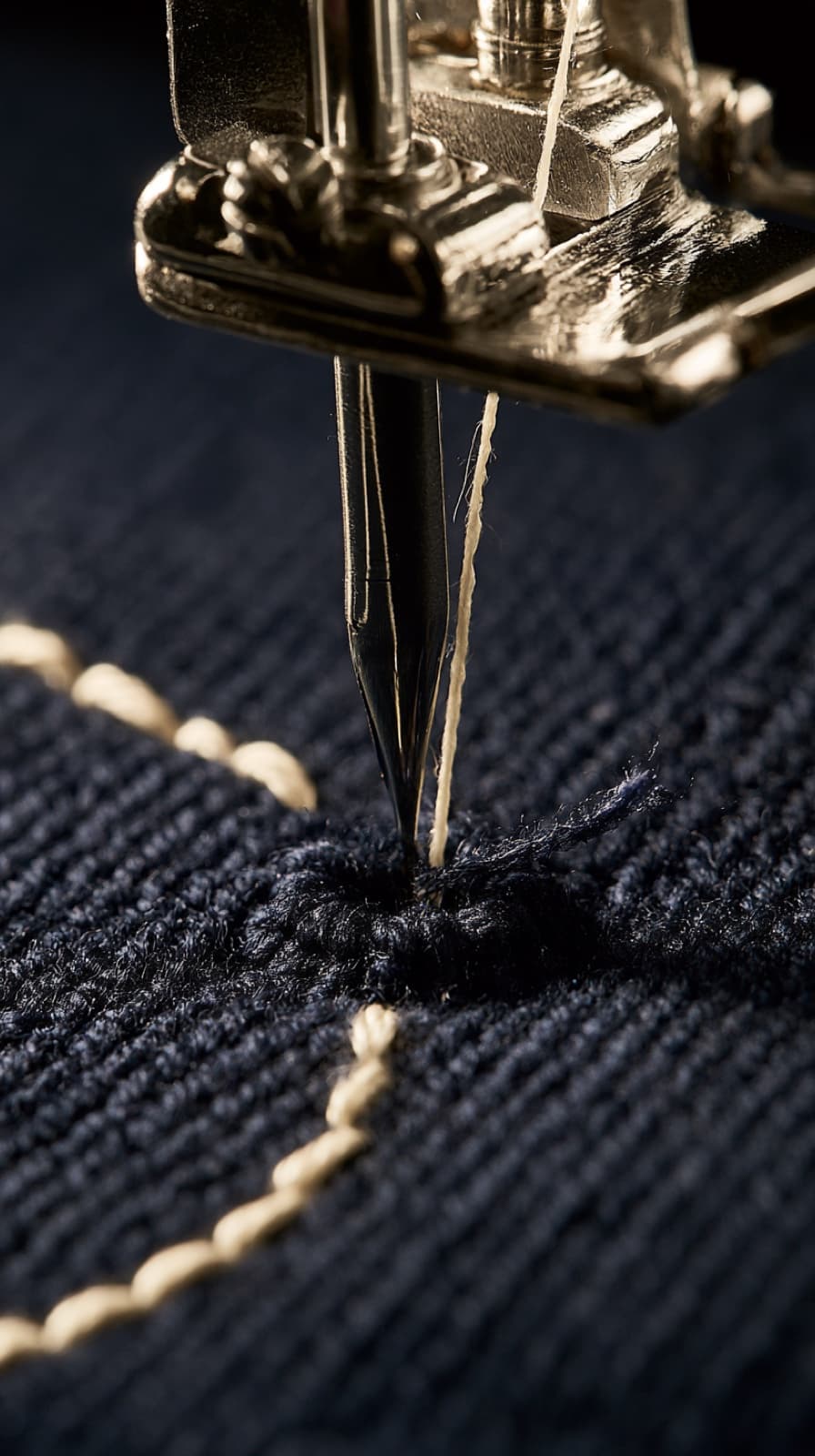 Macro of an embroidery machine needle stitching thread into knitted fabric