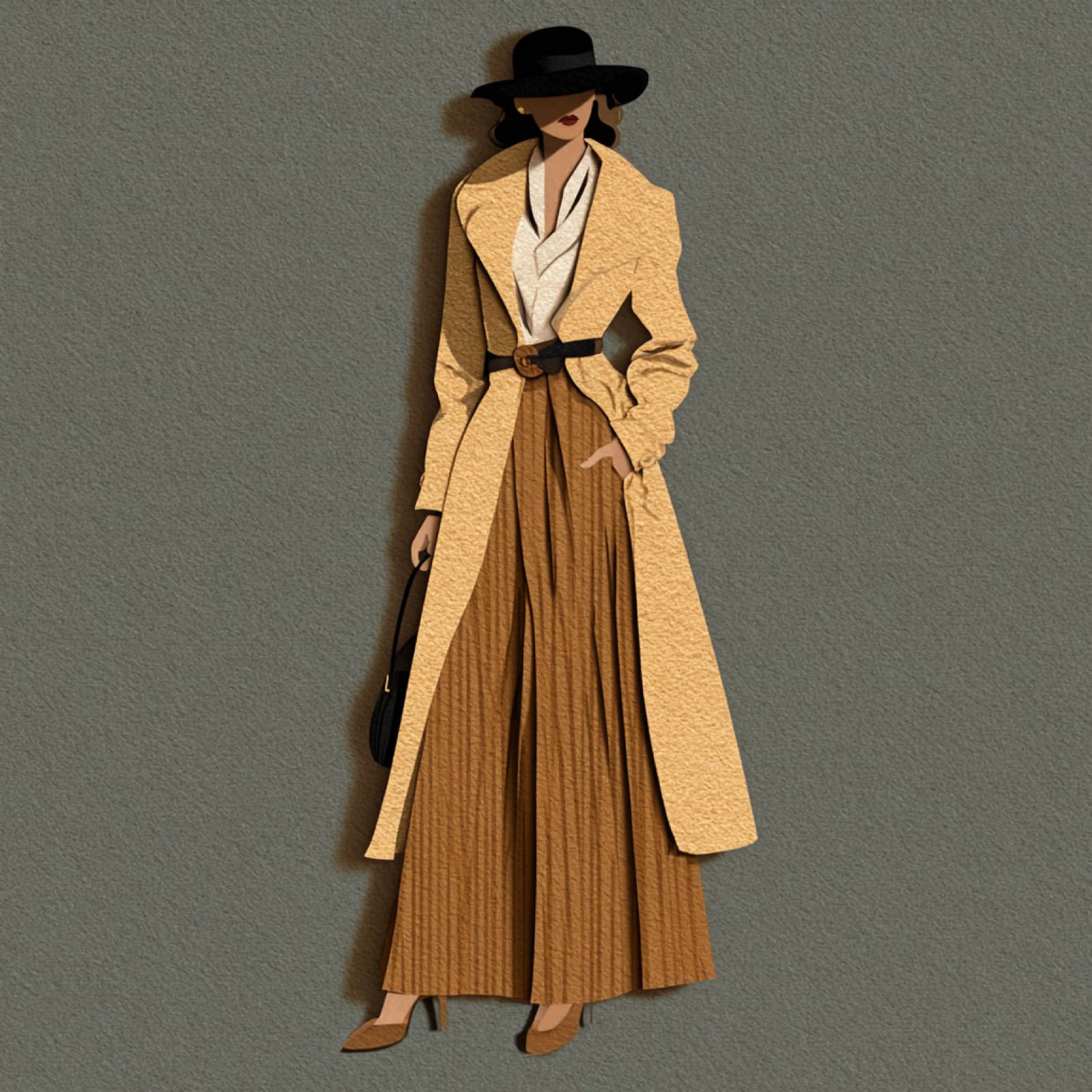 Layered paper-cut fashion figure in a camel coat and wide-leg trousers