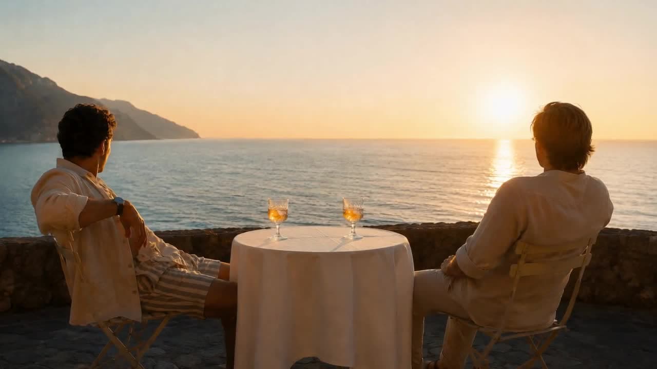 Two friends toasting at a cliffside table at sunset